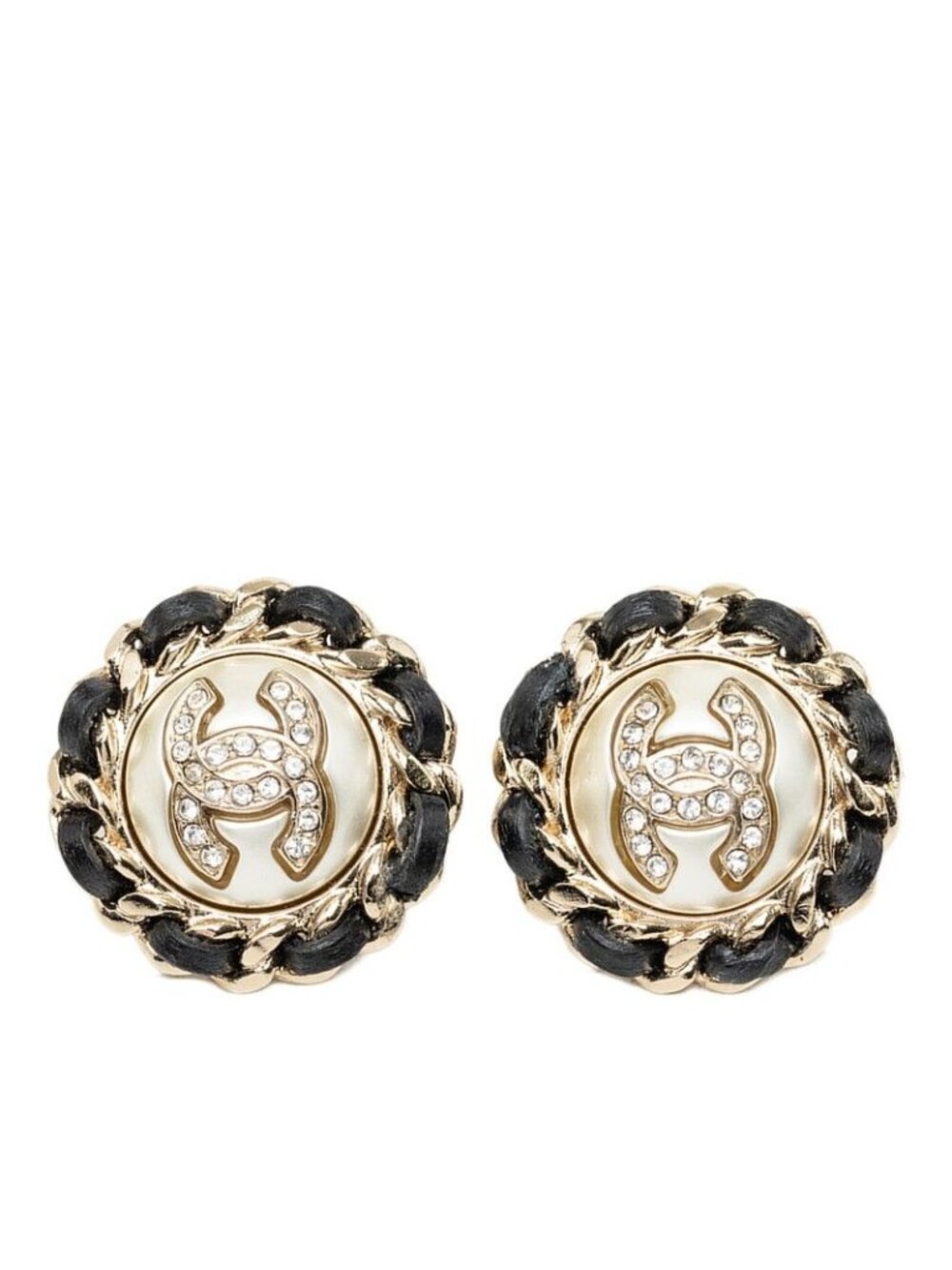 Chanel CC Logo Chain Earrings Gold Black Plated Faux Pearl Leather